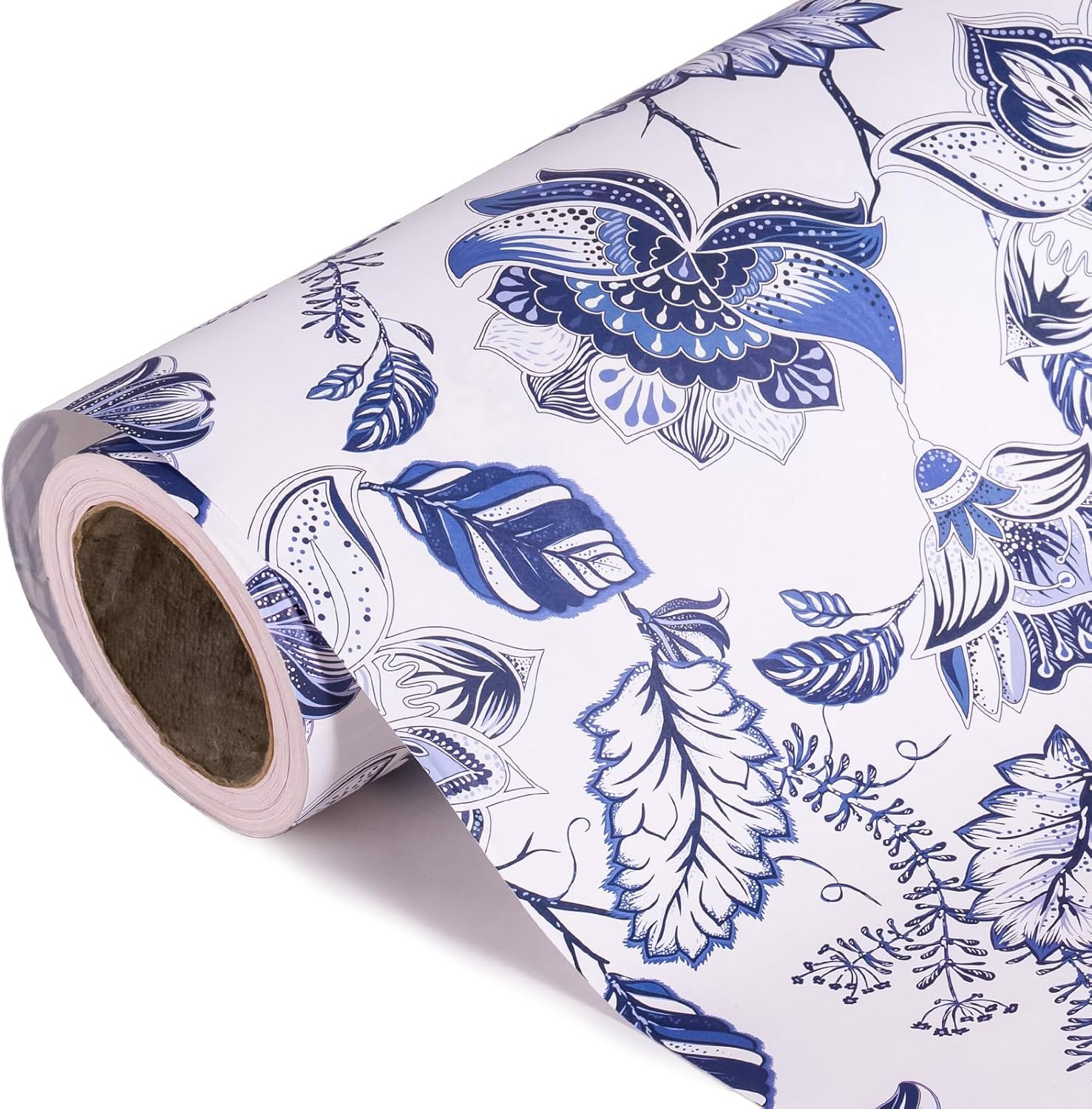 Kraft Blue White Floral Wrapping Paper Roll - Mini Roll - 17 Inch x 33 Feet - Vi