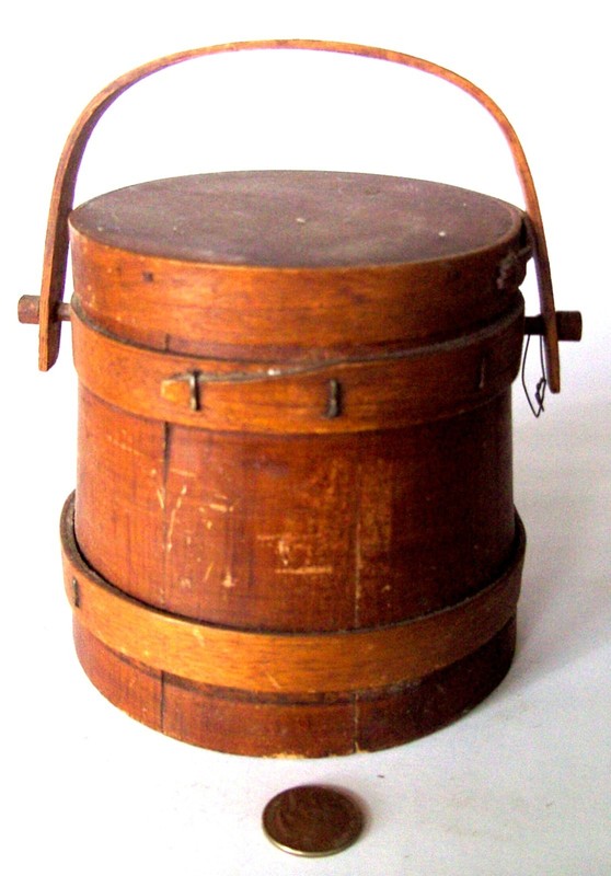 ANTIQUE SM. PRIMITIVE BENTWOOD SUGAR FIRKIN BUCKET 2-FINGER BANDS-SWING HANDLE