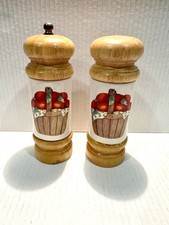 Vintage 6.5” &  7" Wood & Ceramic Pepper Grinder & Salt Shaker Apples In Basket