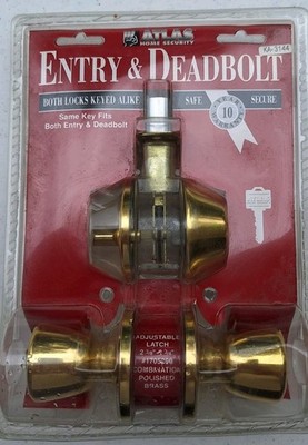 Atlas Home Security Entry Lock & Deadbolt w/Keys Polished Brass New In Packaging