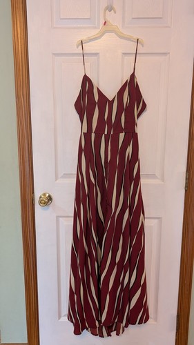 Z&I Maxi Spag Strap Dress Maroon White Vertical Wavy Stripes Silky Poly M Euc
