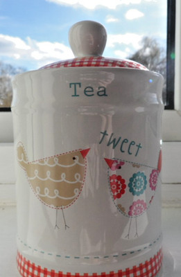 Tesco Keramik Teekanister Vorratsdose Gingham und Vögel 16cm hoch