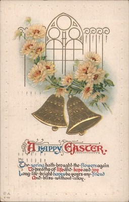 Easter Flowers Happy Greeting with Gold Bells, Chrysanthemums & Gothic Window