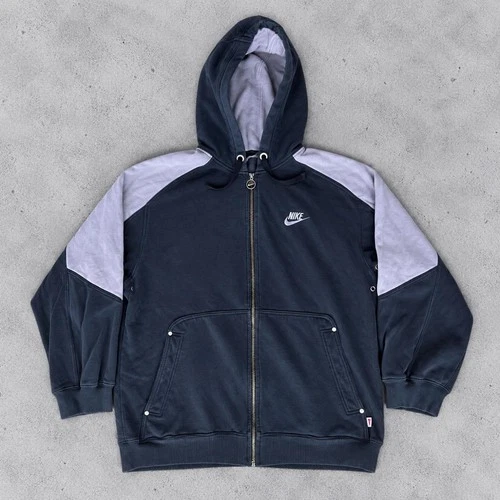 Vintage Nike Y2K Colorblock Full Zip Hoodie Navy Gray Distressed Mens Medium - product listing photo