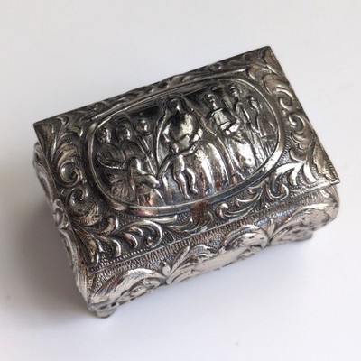 Vtg Repoussé Mother & Child Hinged Trinket Box Silver Toned Ornate Embossed