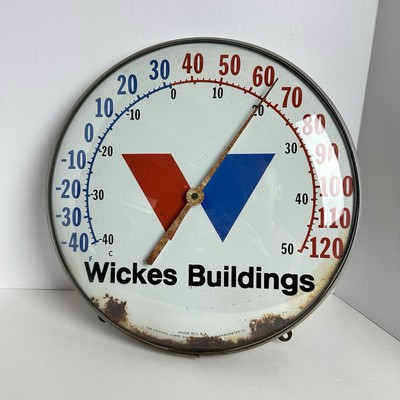 #ad VINTAGE 1960s WICKES BUILDINGS THERMOMETER GLASS FACE METAL BODY 12quot; FAIR COND $139.50