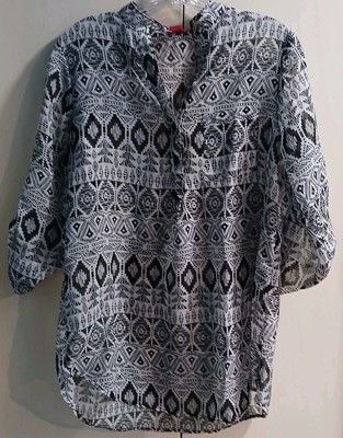 Sheer Blouse Women Size S Popover Cover-Up Roll Tab Long Sleeve Shirt Geometric