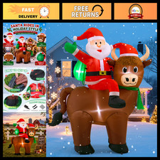 6FT Highland Cow Christmas Inflatable with Santa Claus - Yard Decorations, Holid