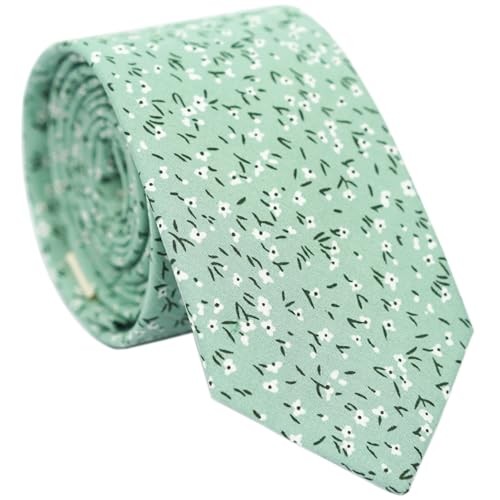 Cotton Floral Tie for Men, Skinny Flower Necktie for Wedding, Party, Green Sage