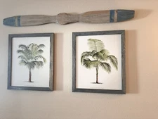 Classic Wall Decor Set: Two Stylish Framed Palm Prints w/ Propeller Accent. 