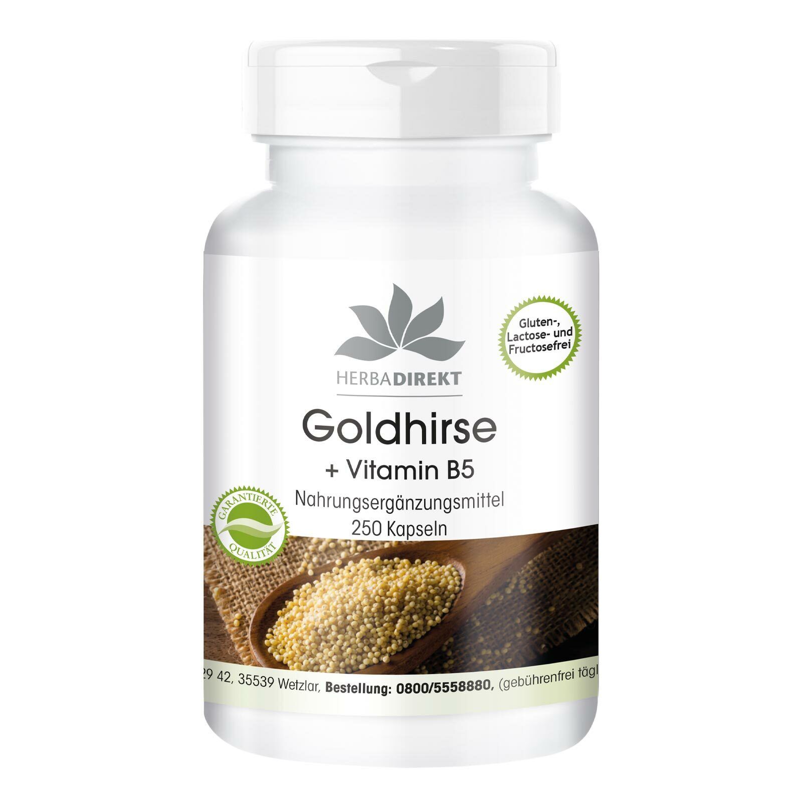 Goldhirse-Extrakt - 250 Kapseln mit Vitamin B5 L-Cystein, vegan herba direkt