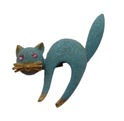 Vintage Mamselle Blue Textured Kitty Cat Brooch Pin Pink Rhinestone Eyes 1.5''
