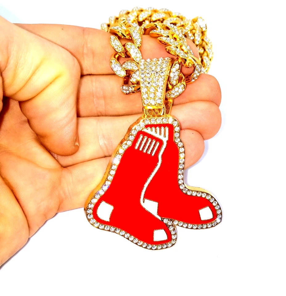 BOSTON RED SOX GEM NECKLACE Gold Hip Hop MLB Team Bling Pendant & 20" Chain - Image 2 of 4