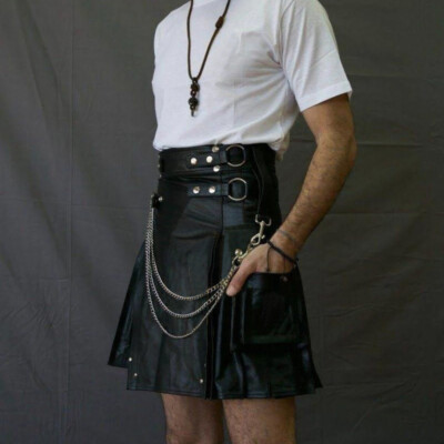 Herren Echtleder Cargotasche & abnehmbare Metallkette Kilt Utility Kilt