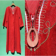 1970s Orange Velour Caftan Lounge Robe Housecoat with Pocket Size Large Vintage