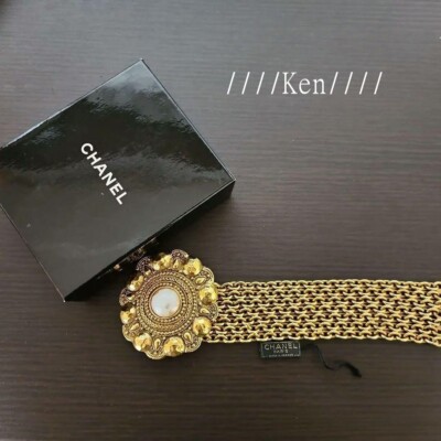 CHANEL Bracelet Bangle AUTH Coco CC chain Vintage Rare Gold 20cm Flower F/S