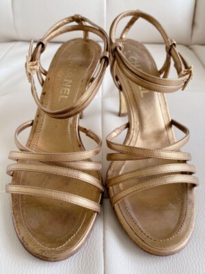 CHANEL ゴールド ミュール 中ヒール CHANEL Ankle strap High Heel Sandals Mules Pumps Shoes Women Size