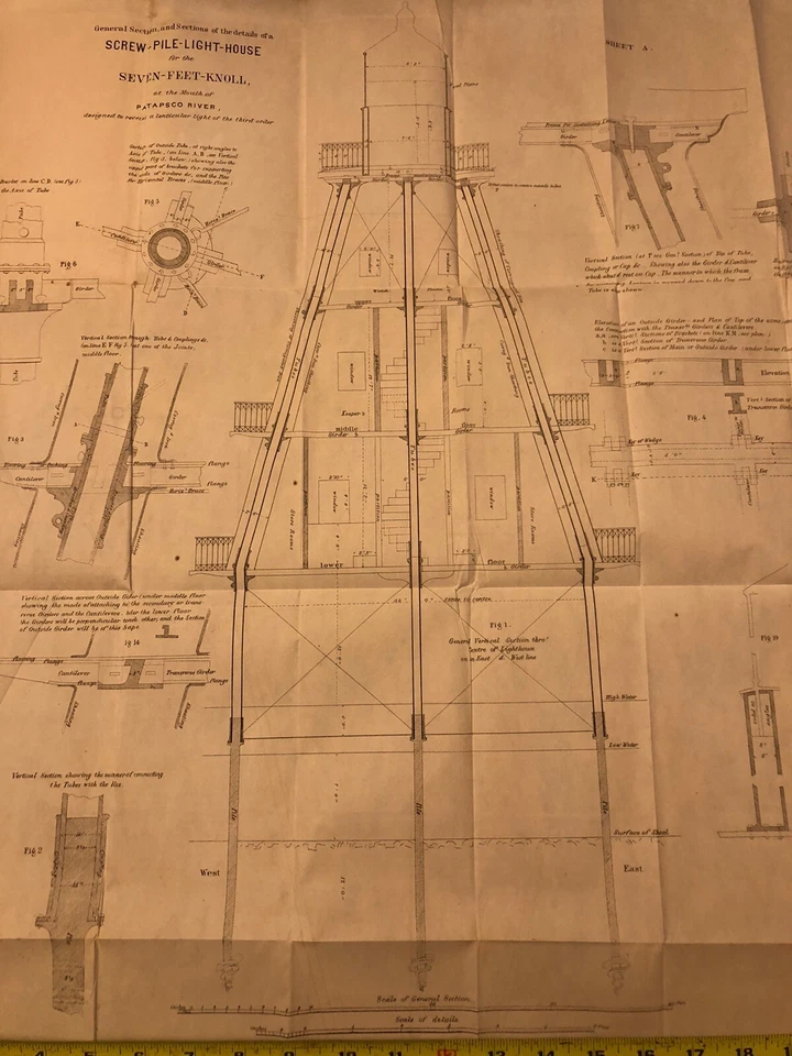 Dibujos planos de río Patapsco casa de luz Screwpile circa 1850 antigüedades raras Foto 2 de 4