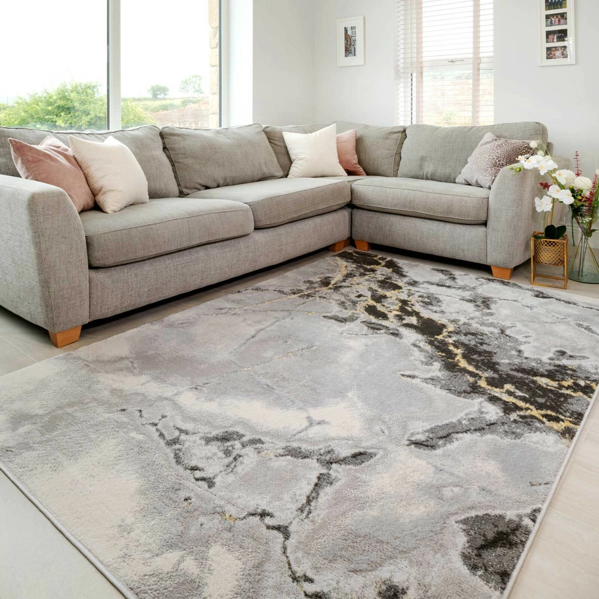 Grey Marble Rug Gold Modern Chic Low Pile High Quality Living