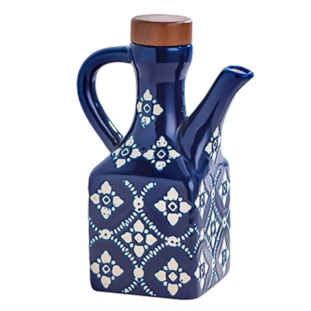 Blue Ceramic Olive Oil Dispenser Bottle for Kitchen, 8.5 oz Cruet for Avocado...