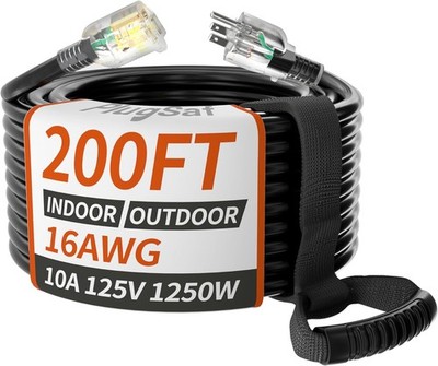 16/3 Gauge 200 ft Extension Cord Outdoor Black Waterproof, Cold Weatherproof