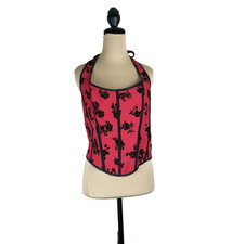 Goth Coquette Floral Lace-Up Corset Top Red Black Velvet Roses Halter 1XL Y2K