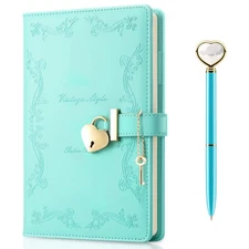 Leather Journal Diary Notebook with Heart Shaped Lock, Key and Pen for Teens