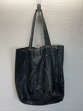 Odd Molly Leather Studded Tote Shoulder Bag Black Boho magenetic close