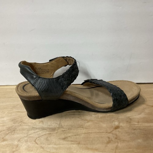 Womens 9-9.5 Aetrex Grace Wedge Sandals Black Leather Woven Straps Adjustable - Picture 3 of 11