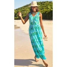 Talbots Turquoise Ikat Medallion Sleeveless Tiered V-Neck Maxi Dress 10