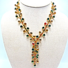 Mid Century Waterfall Necklace Gold Toned Rhinestones Red Green Gold Glower