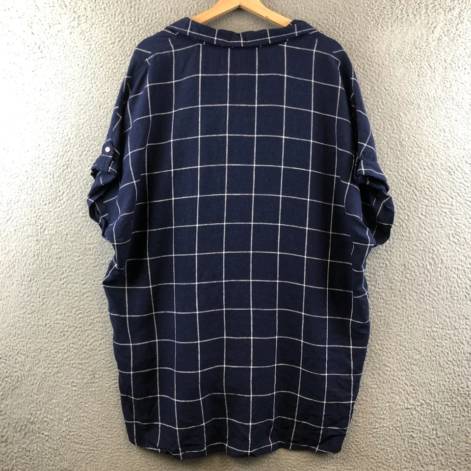 Nuevo Top túnica Tahari 2X azul marino a cuadros mezcla de lino manga corta cuello Foto 2 de 4
