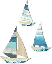 Putuo Decor 3 Pcs Vintage Sailboat Wall Art Set, Coastal Ocean Brown and Blue 