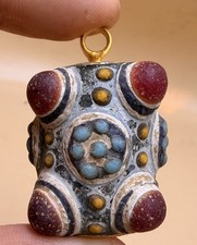Old Roman Decorated Pendant Bead Turquoise Coral Color Amulet Jewelry