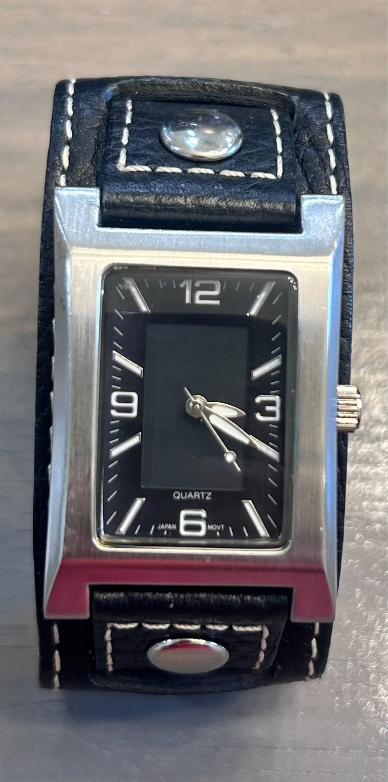 Rectangular Silver-Tone RIVETED Cuff Watch Black … - image 1