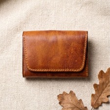 Top Grain Vegetable Tanned Leather Accordion Card Holder Vintage License Wallet