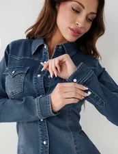 True Religion Western Button Stretch Denim Shirt Blue Women's Large MSRP $99