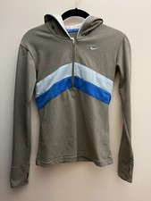 Nike Fit Dry Women's Pullover Hoodie 1/4 Zip Thumb Holes Gray Blue Stripes Sz XS