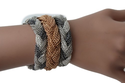 Damen Mode Armband Silber Gold Zinn Metallnetz Kette Geflochten Breit Schmuck - Bild 2 von 8