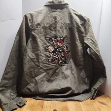 Polly Ester Womens Western Style Button Up Floral Embroidered Back Sz L