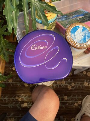 Vintage Big Empty CADBURY Blueish Purple & Silver TIN BOX Almost Round, Preowned
