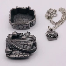 VTG Torino Solid Pewter Trinket Box Apple Basket Necklace Earrings Brooch L409
