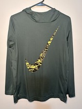 Nike Dri Fit Hoodie Pullover Size Youth XL Olive Green Big Yellow Swoosh