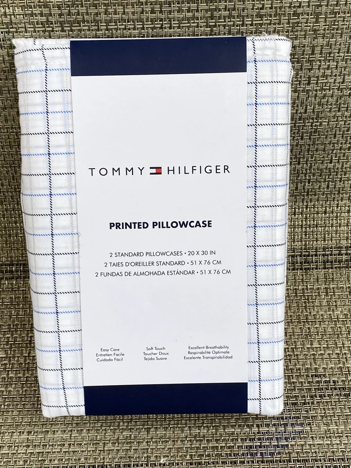 Conjunto de fronha Tommy Hilfiger branco azul xadrez estampado mistura de algodão PADRÃO 2 peças - Imagem 3 de 4