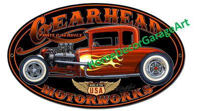 Gearhead Motorworks Oval Metal Sign, 3 Sizes, Vintage Style Garage Art