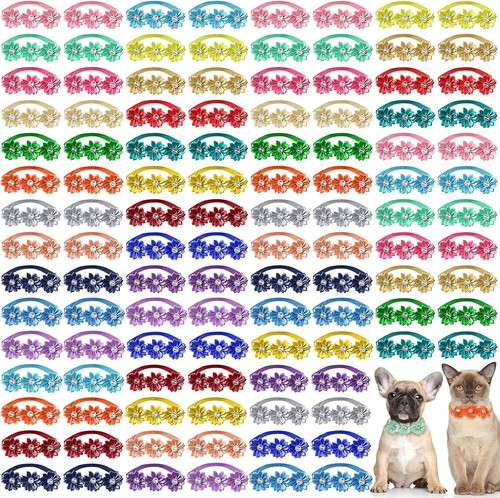 200 Vibrant Dog Bow Ties with Flowers - Adjustable Pet Grooming Accessories
