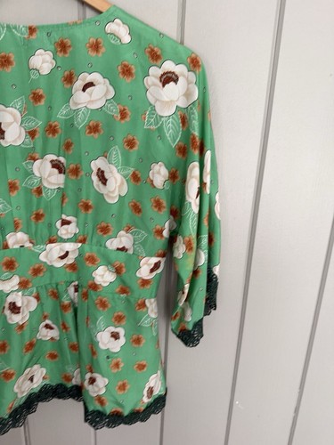 Vtg Anthropologie Fei Top 2 Wrap Green 100% Silk Floral Kimono Sleeves Y2K - Picture 6 of 6