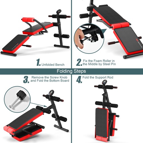 Multi-Functional Foldable Weight Bench Adjustable Sit-up Board w/ Monitor Red - Picture 10 of 12