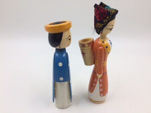 Japanese wood dolls figurines set of 2 man woman 6 inches - Picture 2 of 6