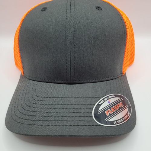 Brown & SAFETY Fluorescent ORANGE Mesh Back Flexfit Hat One Size Not Adjustable - Picture 10 of 10